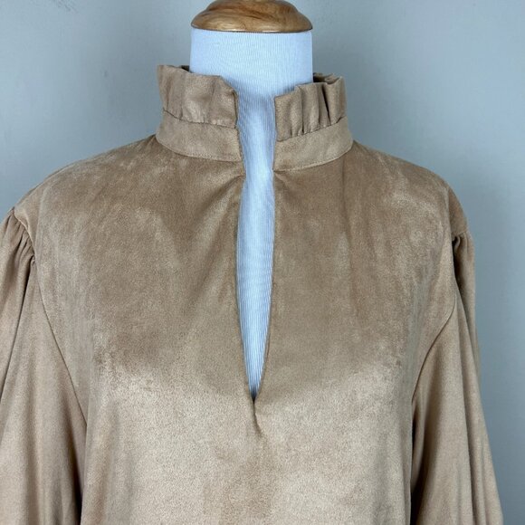 Gretchen Scott Dress Womens Large Beige Teardrop Ultra Suede Tiered Ruffle 3/4 - Picture 10 of 12